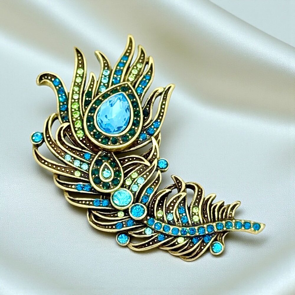 Heidi Daus Peacock Feather Brooch w/Blue & Green Crystals Gold-Tone Signed